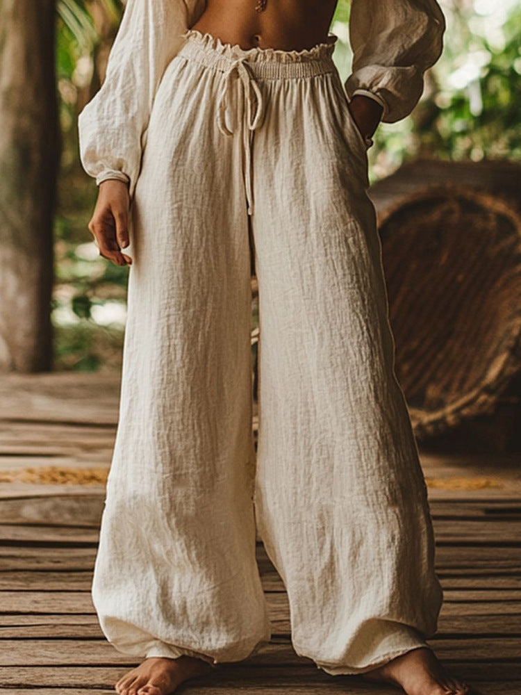 Fashion Casual Loose Artistic Pocket Drawstring Elastic Waist Wide Leg Pants