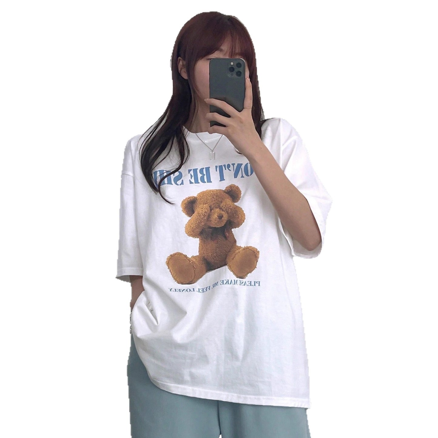 Loose-fitting Short-sleeve T-shirt With A Little Bear Print For Women Perfect For Summer