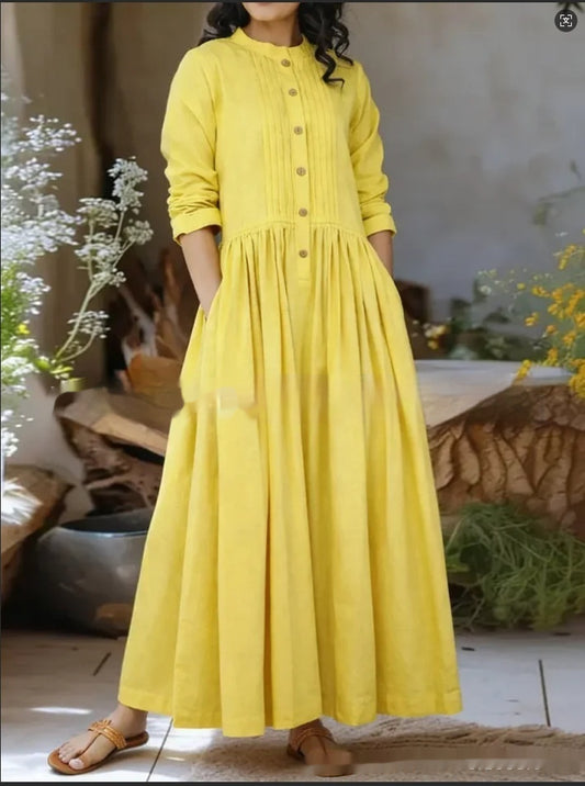 Womens Solid-Colored Stand-Up Collar Long-Sleeve Loose A-Line Dress