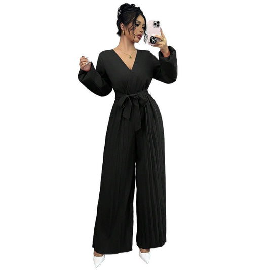 Elegant Casual Cropped Cross-V-Neck Pleated Culotte Jumpsuit