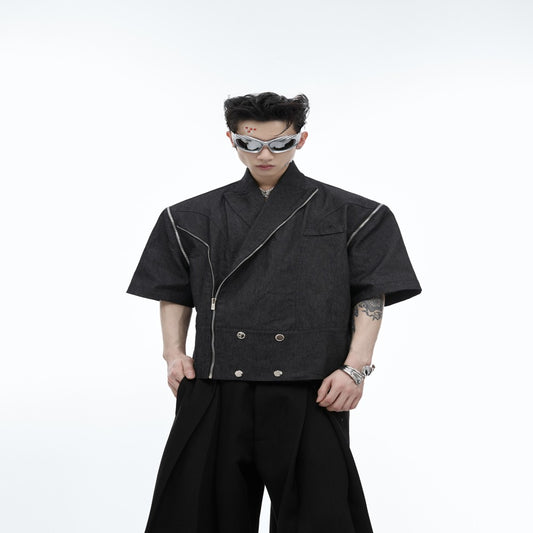 Metal Zipper Detachable Short Sleeve Denim Coat