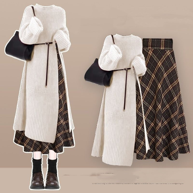 Fashion Knit Sweater Dress Shows Skirt Two-piece Set