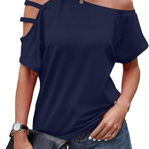 Womens Fashionable New Off-shoulder Asymmetrical Hollow-out Casual Short-sleeve Top