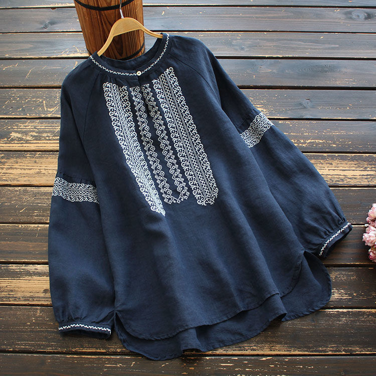 Ethnic Style Wheat Embroidery Long Sleeve Loose Top