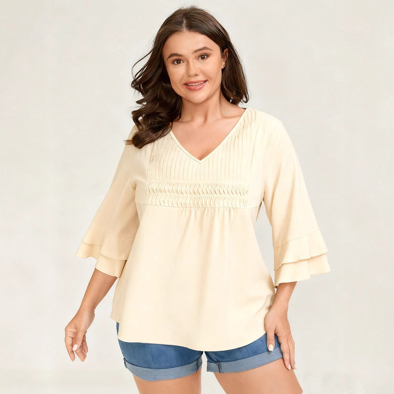 Loose Solid Color Ruffled V-neck Three-quarter Sleeve Top