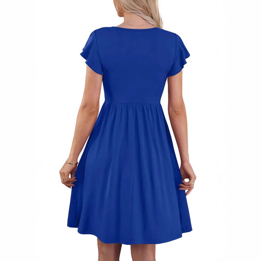 V-neck Solid Color Defined Waist Ruffle Sleeve Womens Fashion Mid-length Dress