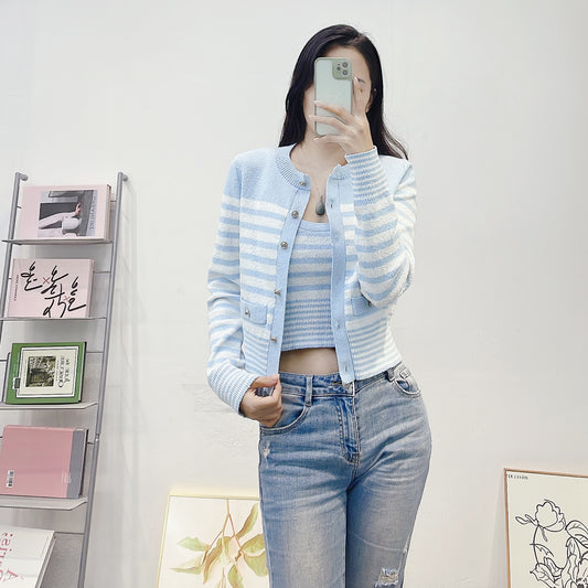 Womens Blue And White Striped Knitted Cardigan And Camisole Two-Piece Set