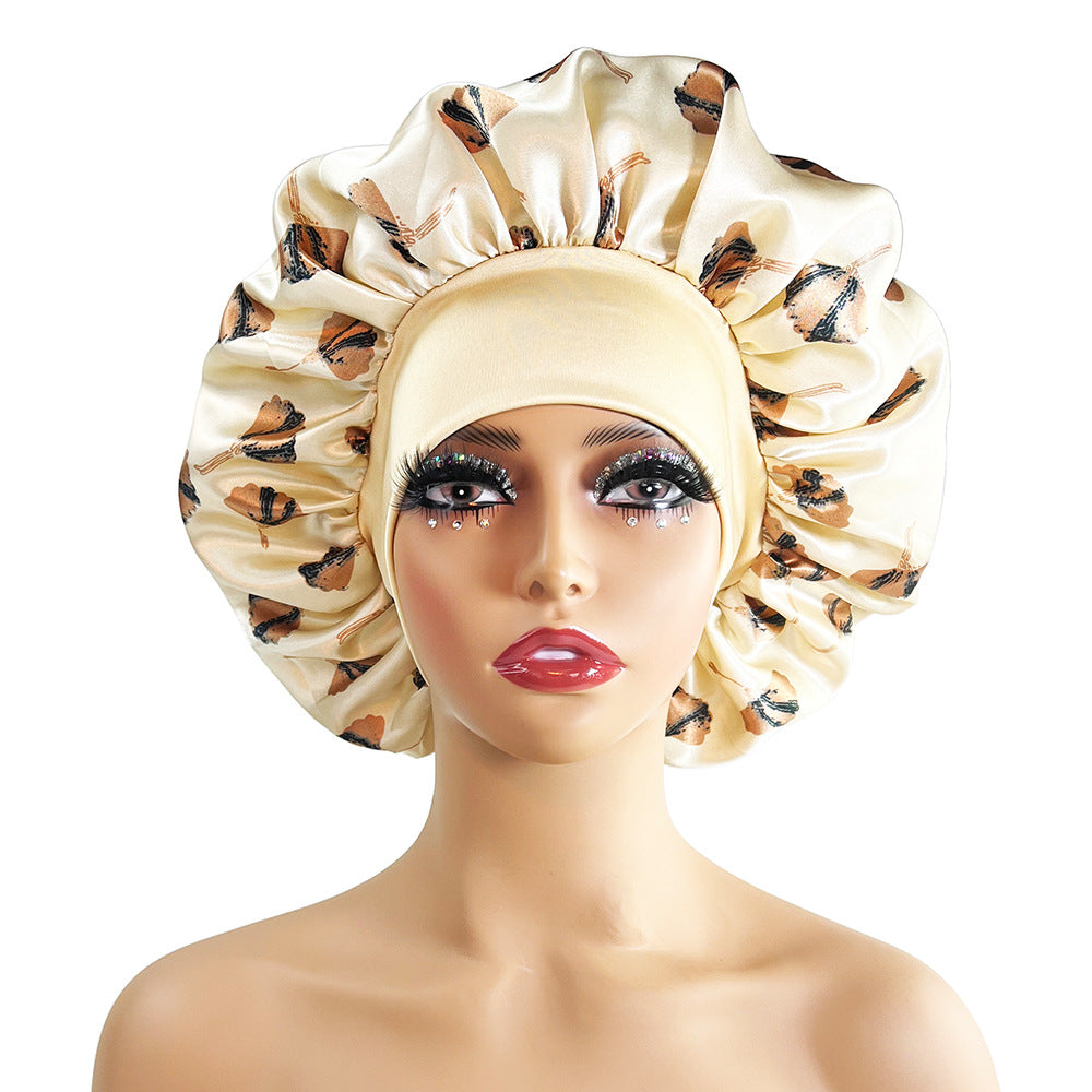 Wide-brimmed Satin Nightcap Printed Round Cap Cross-border New Arrival Printed Home Hat Soft Shower Cap Plus-sized