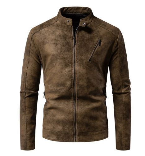 Men's Leather Jacket Fleece-lined Slim Stand Collar Jacket