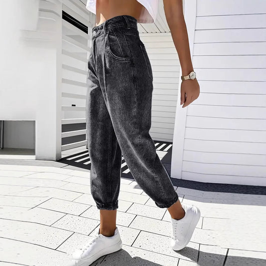 Plus Size Women's Fashion Stretch Tapered Pants Retro Washed Denim