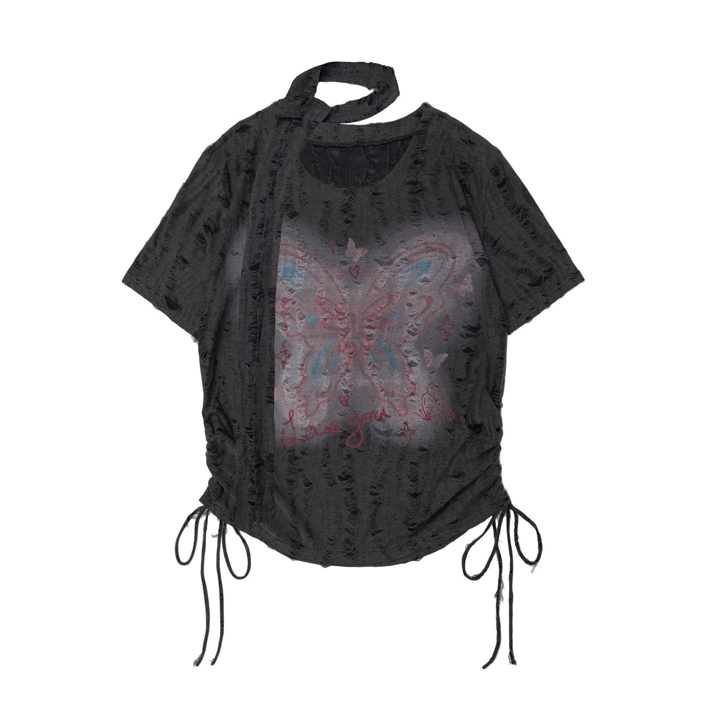 Butterfly Embroidered Korean Drawstring Half Sleeve Top