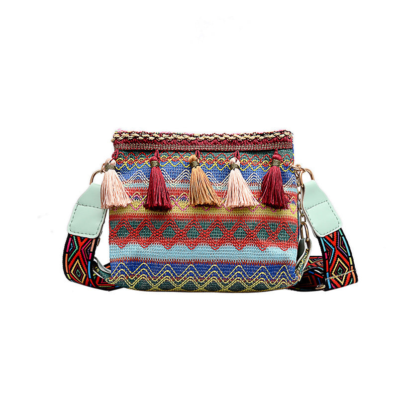 Ethnic Wide Shoulder Strap Fringed Crossbody Bag