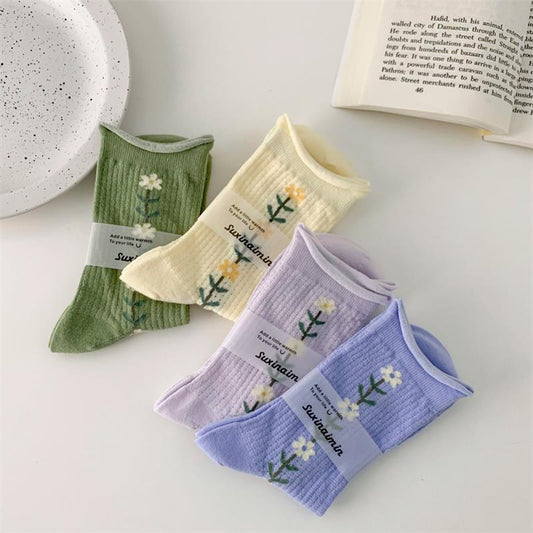 Thin Hollow Mesh Rolled Edge Women's Socks With Small Flowers