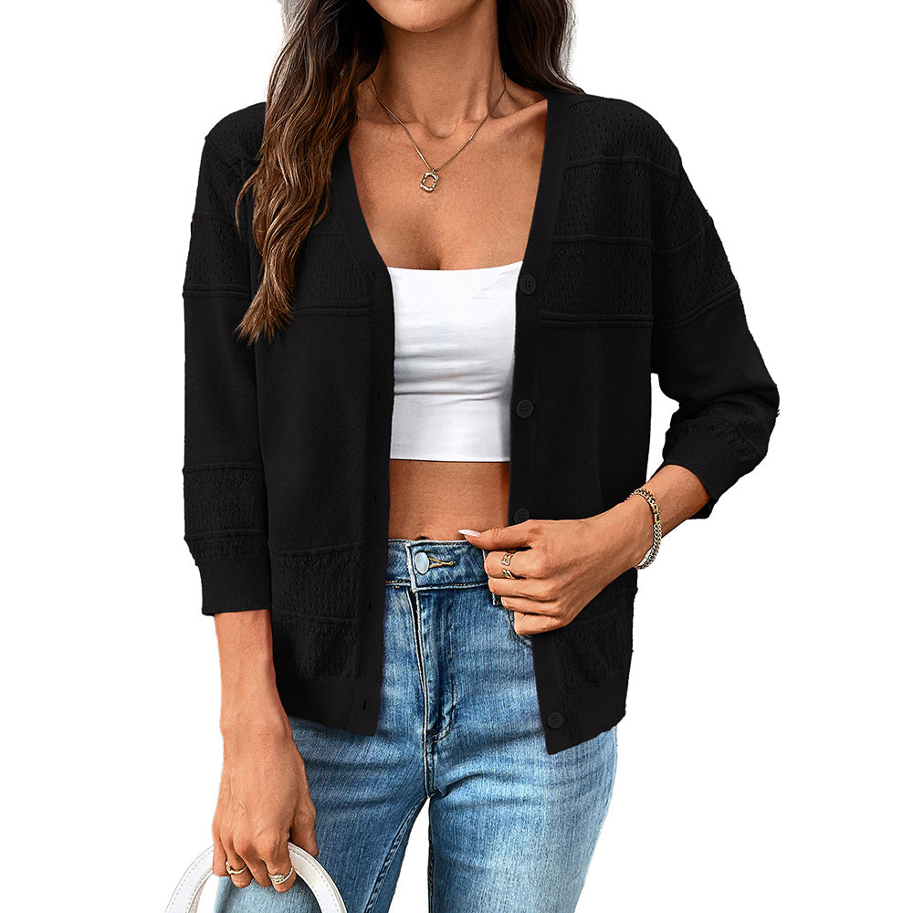Women's Thin Cape 34 Sleeve Hollow-out Knitted V-neck Cardigan