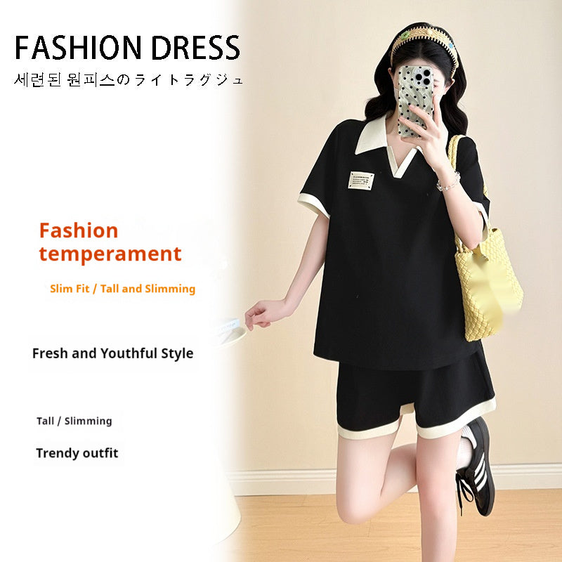 Loose-fitting, Versatile Color-block V-neck Top And Shorts Two-piece Set