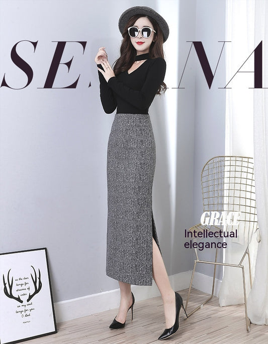 Plaid Woolen Hip-wrapped Skirt Retro Side Slit Women's Slim Straight Skirt Thickened Long Skirt