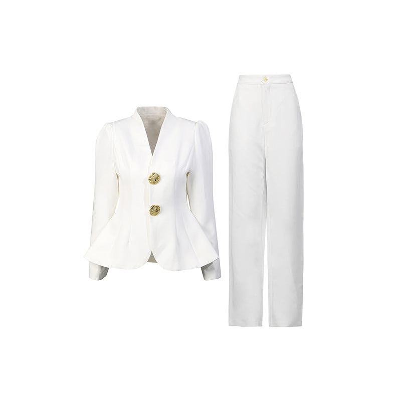 Retro Puff Sleeve Suit Two-Piece Set For Women