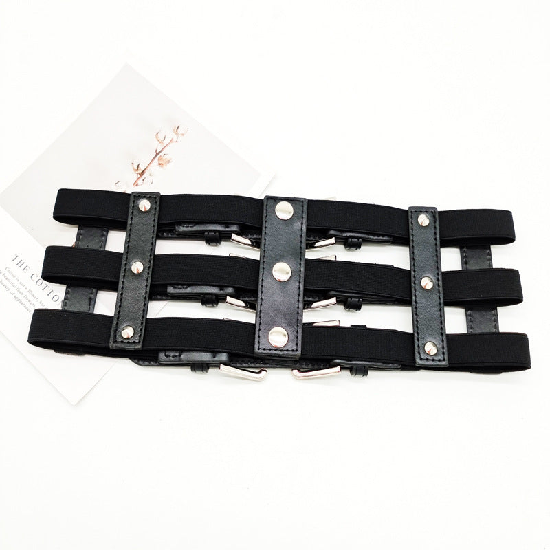 Women's Super Wide Belt Hollow Rivet Decorated Elastic Waist