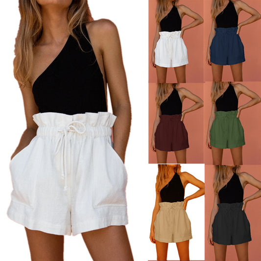 Casual Cotton And Linen Large Bud Loose Drawstring Wide-leg Shorts
