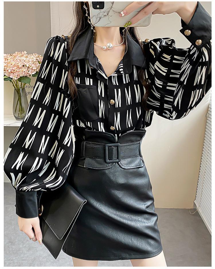 Letter Print Stitching Shirt Women's New Loose Lantern Sleeves