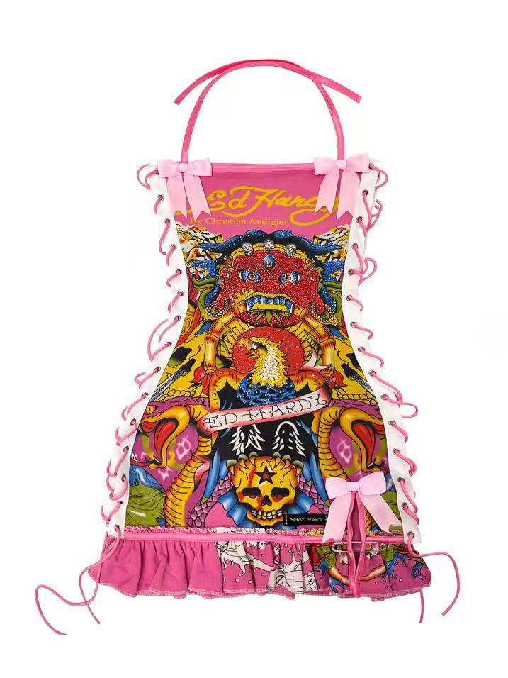 Printed Oil Painting Drawstring Tube Top Slip Dress