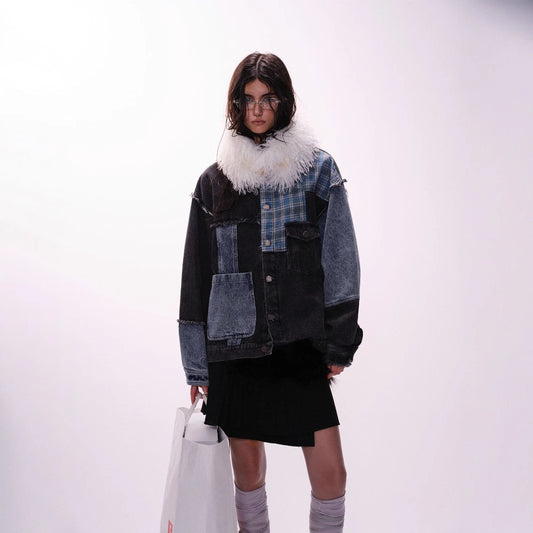 Retro Plaid Stitching Irregular Denim Jacket