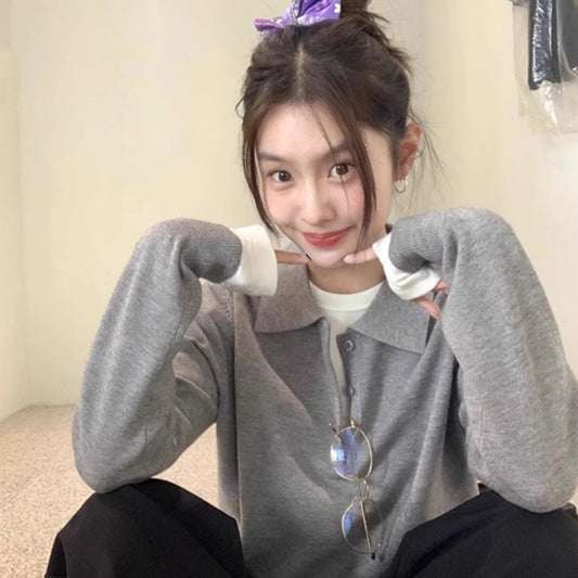 Korean-Style Youthful Embroidered Polo-Neck Knit Top