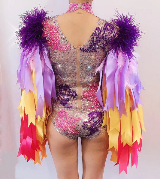 Women's Fashion Simple Print Full Of Diamonds Fur Ribbon One-piece Performance Clothes