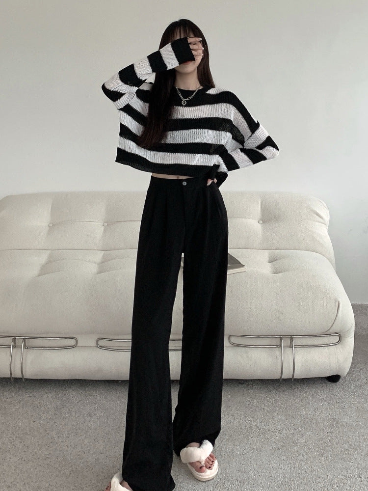 Women's Black And White Striped Sweater Autumn And Winter Sweater Long-sleeved Blouse