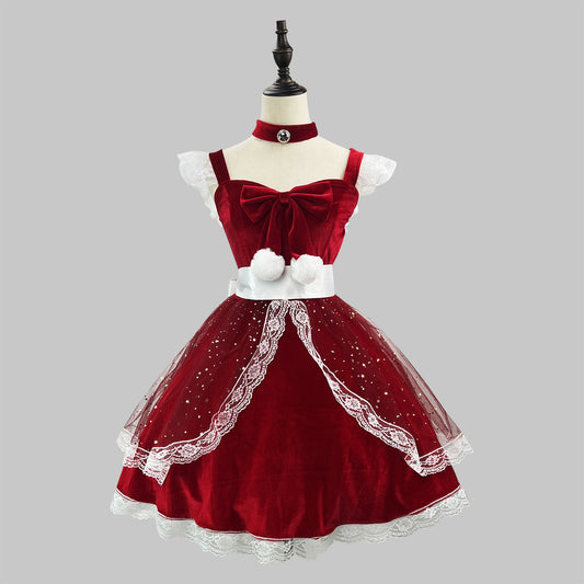 Princess Christmas Outfit In Burgundy Maid Costume Perfect For Influencers And Live-Stream Performances