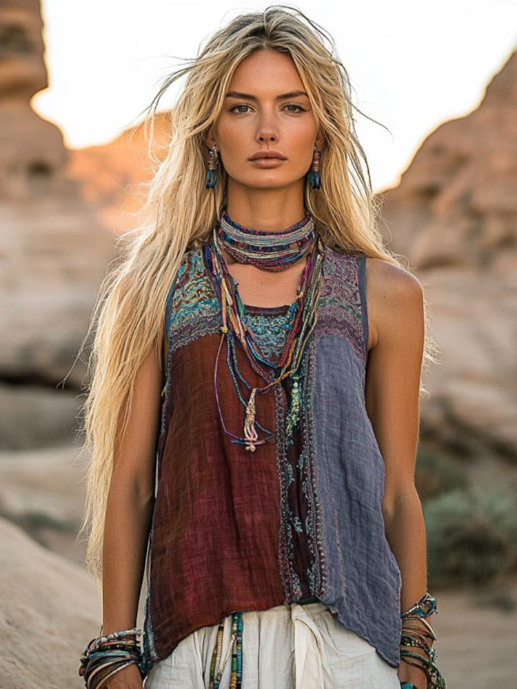 Crew-neck Tank Top With A Floral And Botanical Print