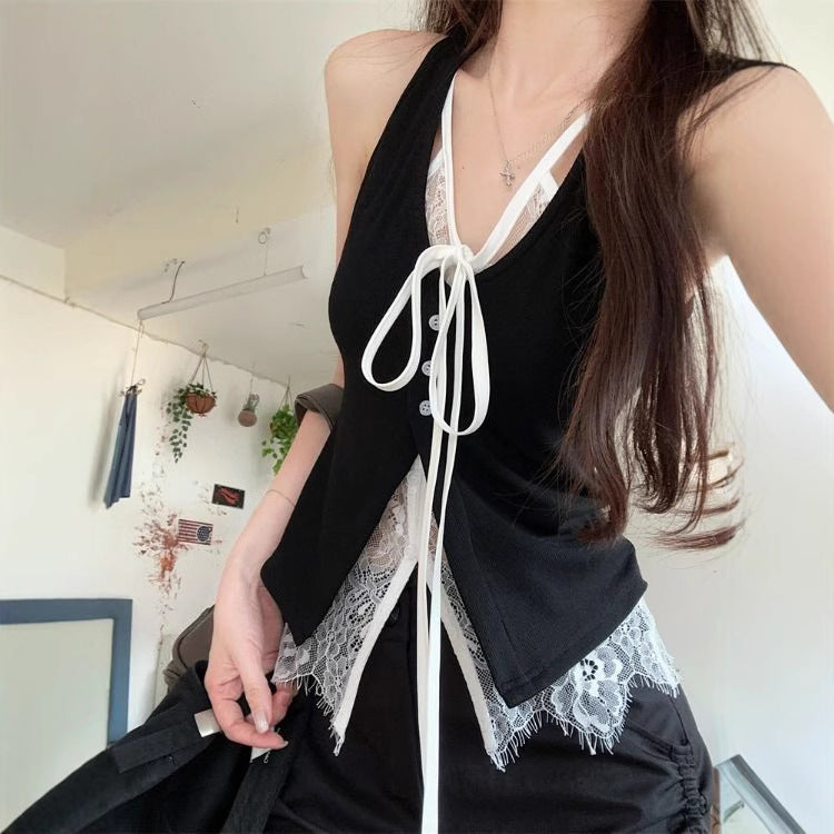 Camisole Vest Outer Wear Black Hot Girl Niche Chic Lace Fake Two-piece Sleeveless Top