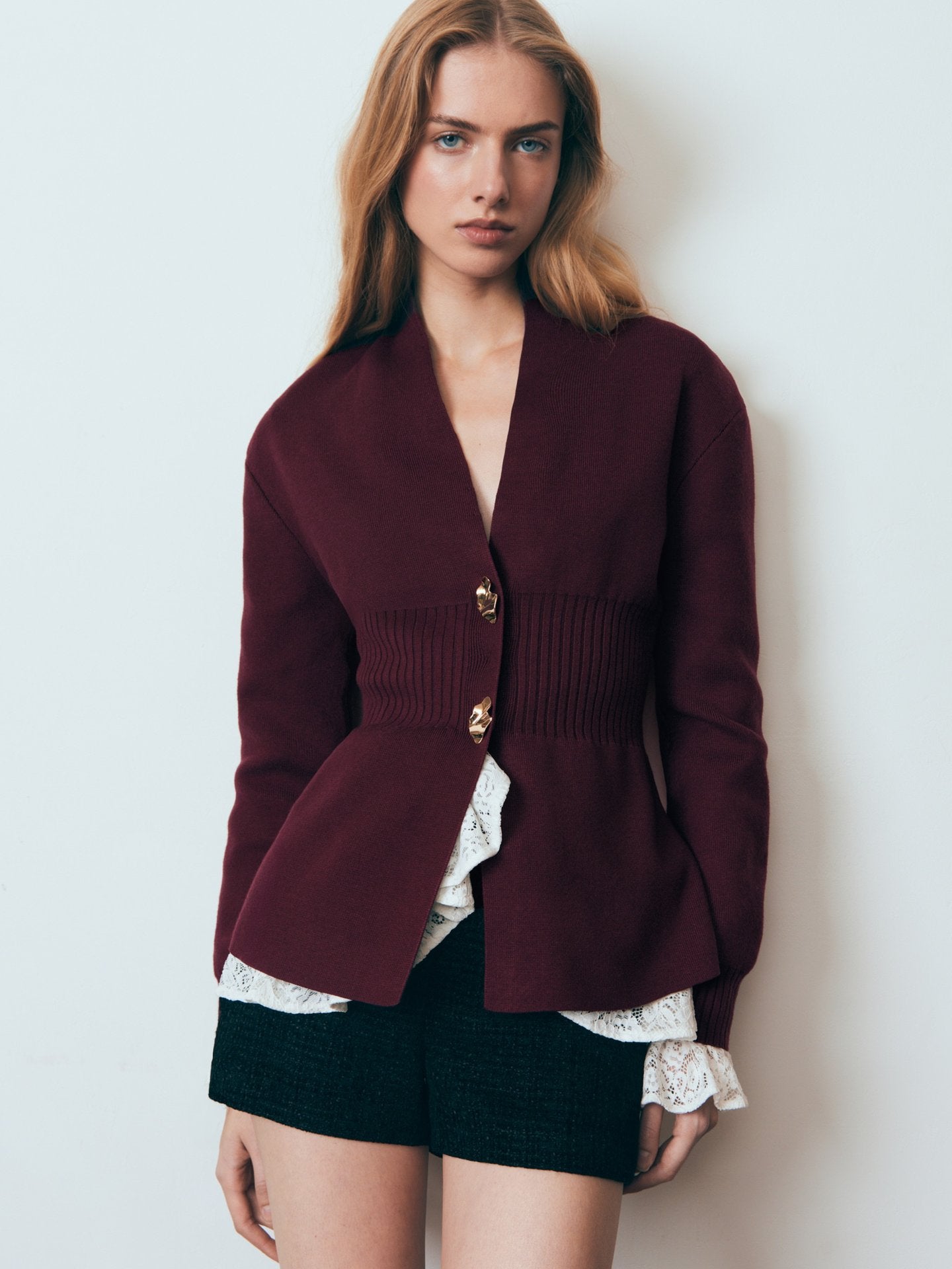Metal Button Cardigan V-neck Long Sleeve Slit Sweater Women