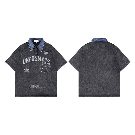 Washed Letter Print Contrast Color Denim Lapel Short Sleeve T-shirt