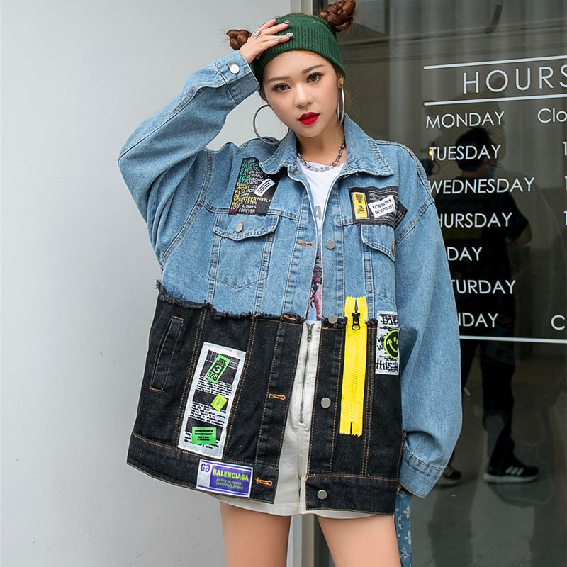 Personality Stitching Graffiti Patch Denim Loose Jacket Women