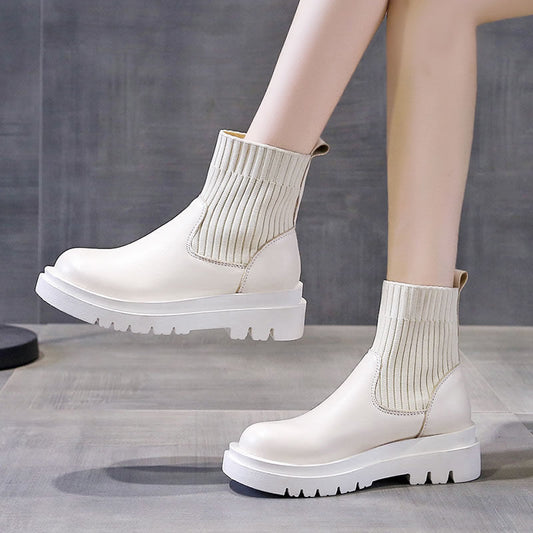 British Style Wild Lace-up Platform Stitching Short-knit Martin Boots