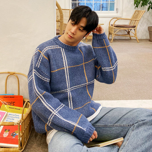 Men's Loose Blue Thickened Round Neck Knitted Bottoming Shirt