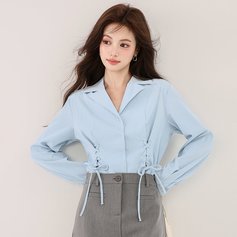 New Blue French-style Suit-collar Shirt With A Tie Waist And Long Sleeves