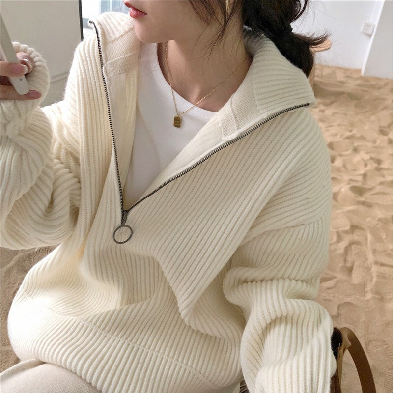 Løs fransk stil stor revers lynlås sweater til kvinder
