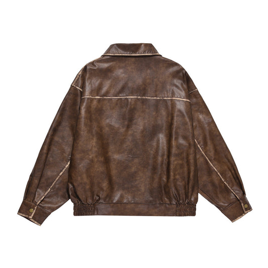 Distressed Lapel Leather Jacket Men's European And American