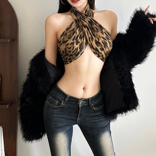 Womens Sexy Midriff-Baring Retro Street-Style Leopard-Print Halter Top