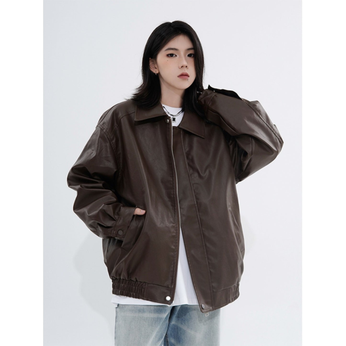 Retro Casual Loose Leather Jacket For Spring And Autumn