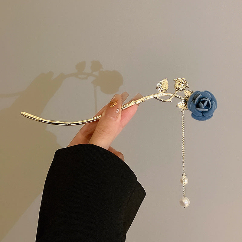 Flocking Rose Flower Leaves Pearl Tassel Hairpin