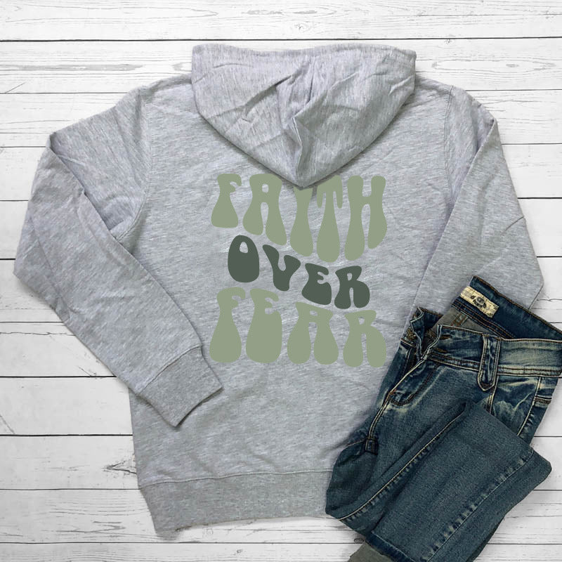 Faith Over Fear Women's Letter Kangaroo Pocket Drawstring Printed Hoodie