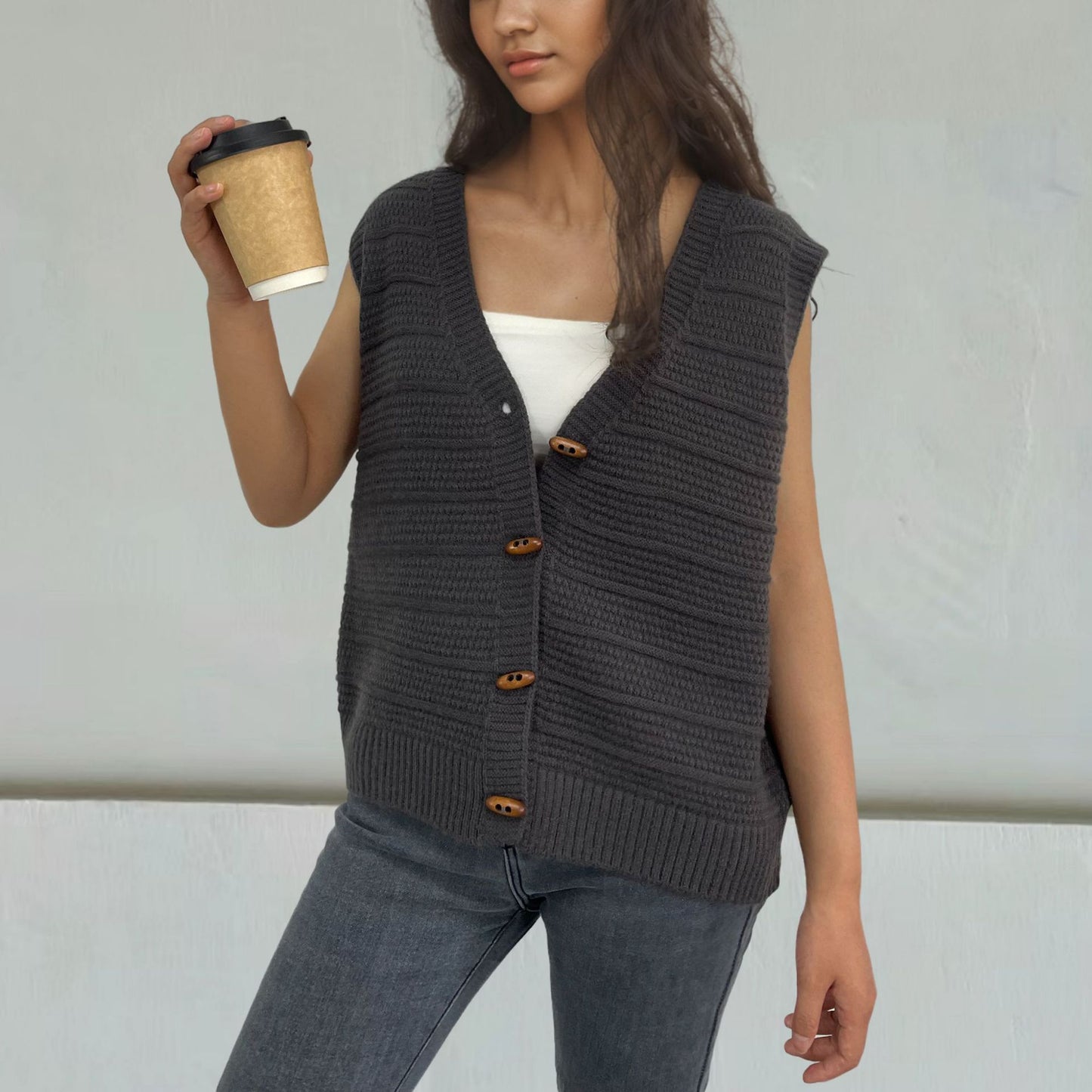 Horn Button Sleeveless V-neck Knitted Vest For Women