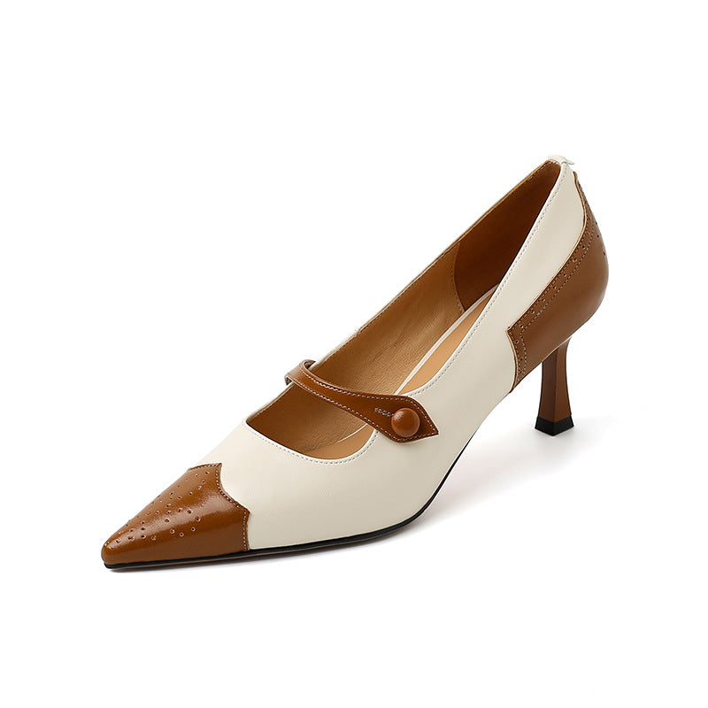 British Retro Color Blocking Full Leather Fine High Heel Mary Jane Shoes