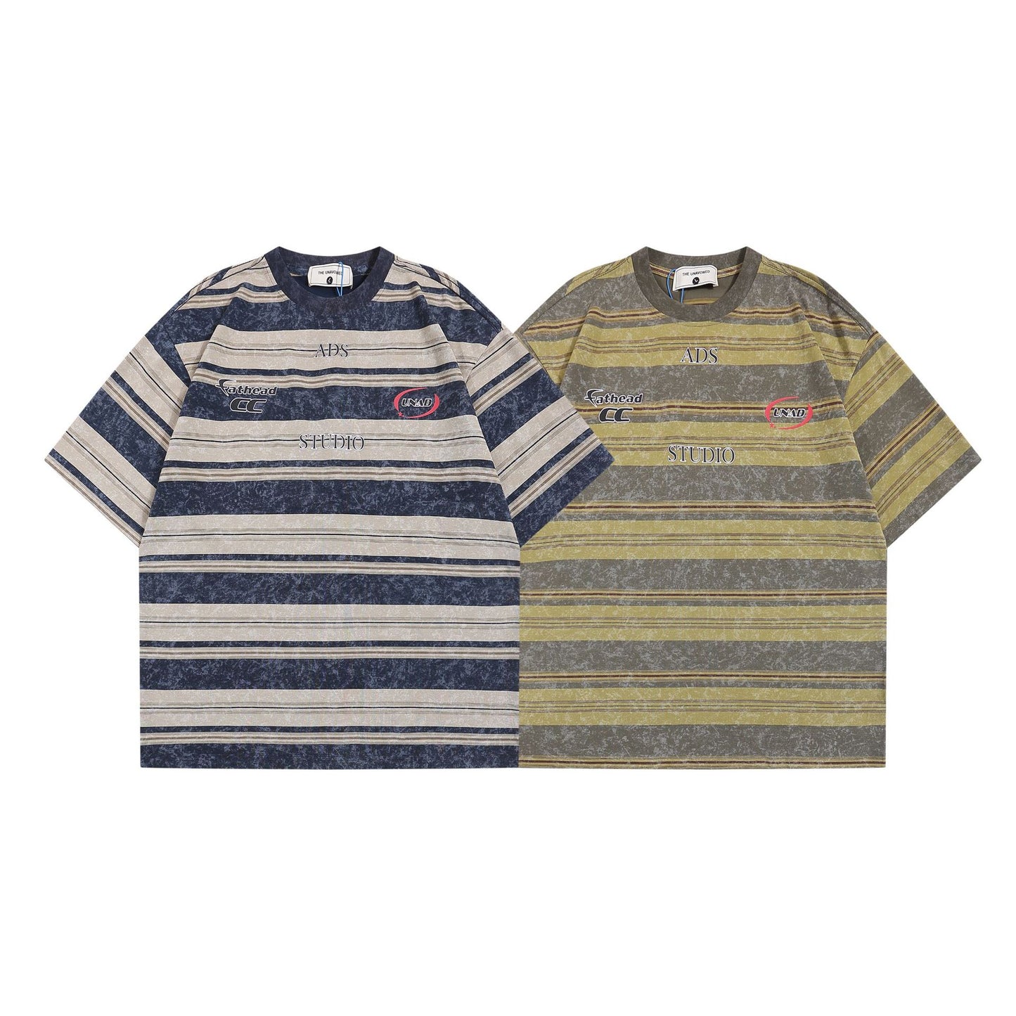 Japansk-inspireret Retro Stribet Kortærmet T-shirt til Mænd og Kvinder med Bogstavprint
