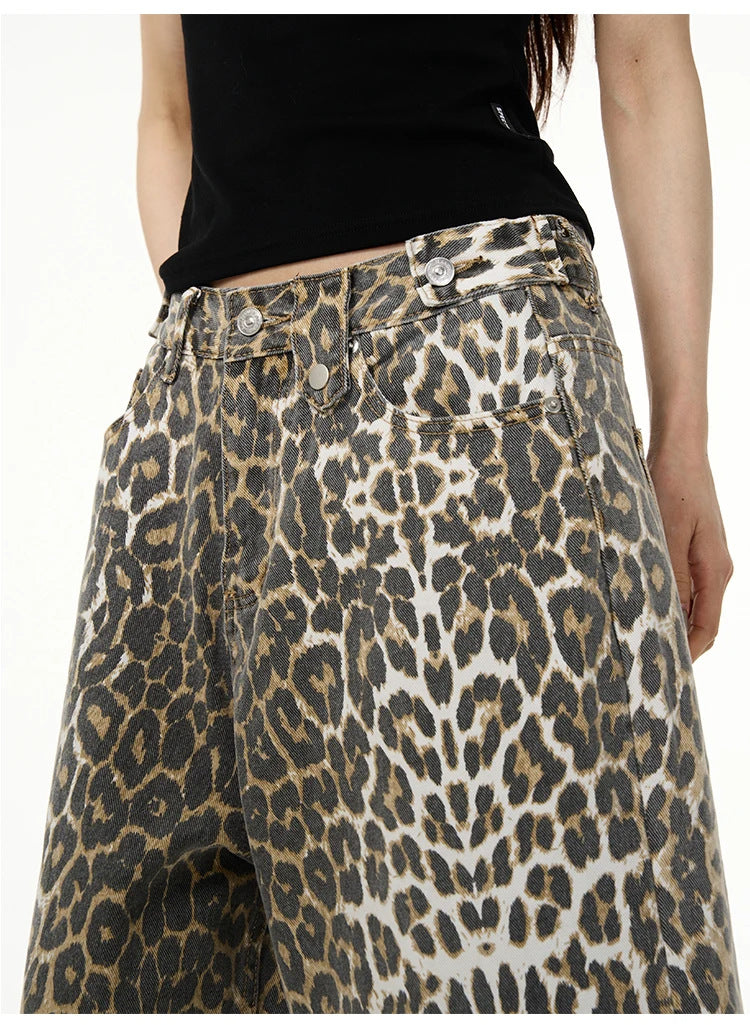Retro High Street Leopard Print Denim Shorts