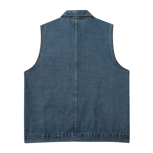 Denim Vest Man Loose All-match Casual Waistcoat Pocket Deconstruction Stitching Topstitching Waistcoat