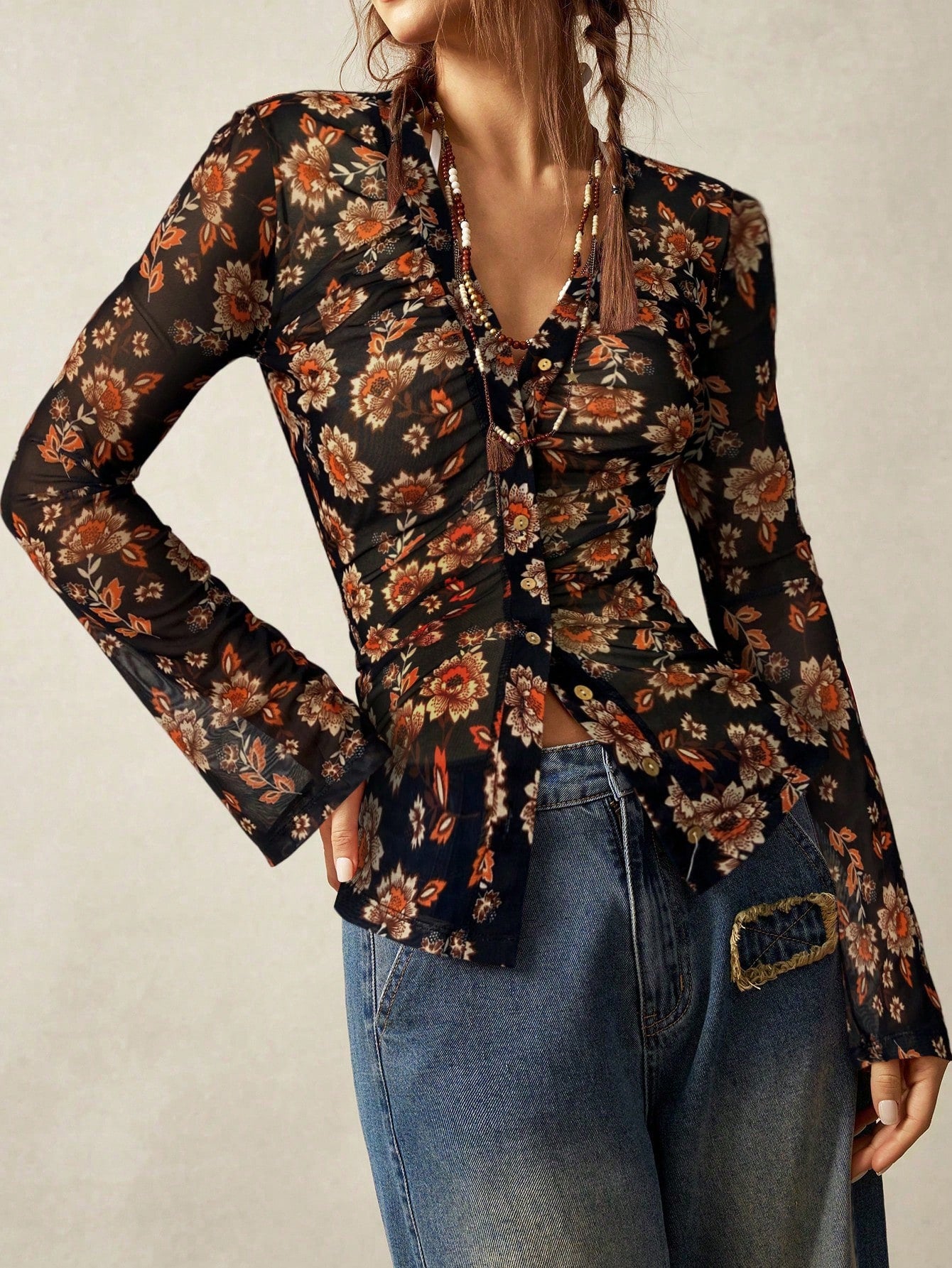 European And American Printed Shirt Women's Slim Fit Slimming Retro Temperament